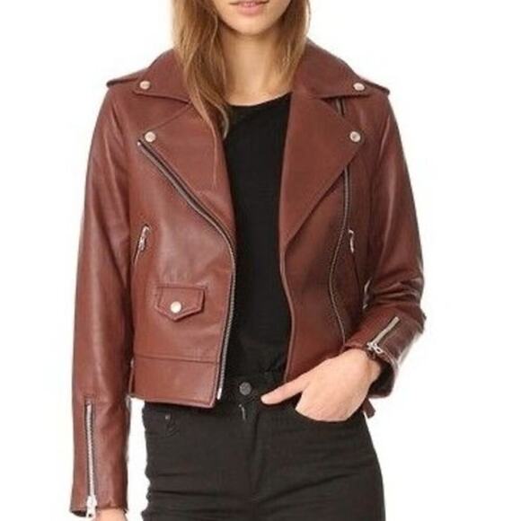 Rare Mackage Brown Baya Lamb Leather Biker Moto Motorcycle Jacket size XS - Picture 2 of 15